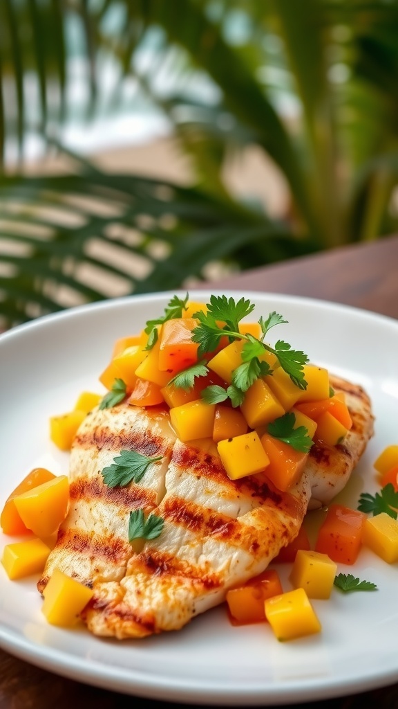 Grilled tilapia fillet with mango and papaya salsa on a white plate, garnished with cilantro in a tropical setting.
